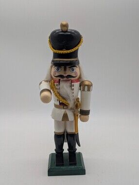 Vintage Kmart Wooden Christmas Soldier Nutcracker White & Gold 11"